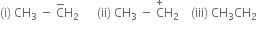 left parenthesis straight i right parenthesis space CH subscript 3 space minus space straight C with bar on top straight H subscript 2 space space space space space space left parenthesis ii right parenthesis space CH subscript 3 space minus space straight C with plus on top straight H subscript 2 space space space space left parenthesis iii right parenthesis space CH subscript 3 CH subscript 2