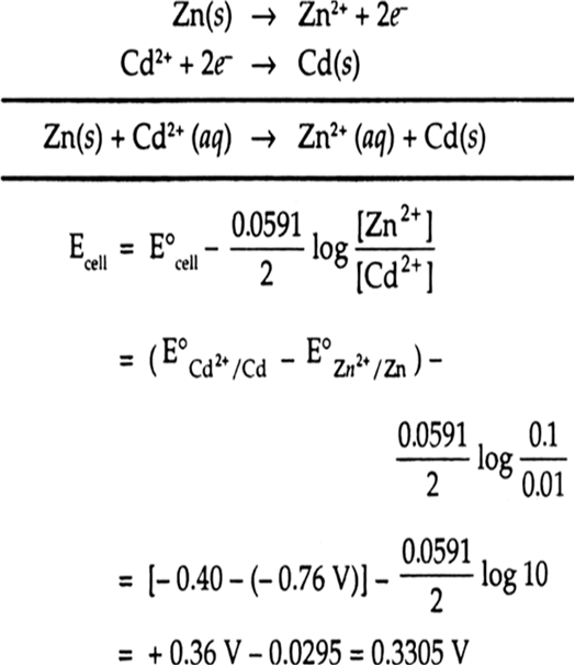 
Zn/Zn2+(0.1 M) || Cd2+ (0.01) | Cd
