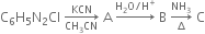 straight C subscript 6 straight H subscript 5 straight N subscript 2 Cl space rightwards arrow from CH subscript 3 CN to KCN of space straight A space rightwards arrow with straight H subscript 2 straight O divided by straight H to the power of plus on top space straight B space rightwards arrow from increment to NH subscript 3 of space straight C