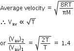 Average space velocity space equals space square root of fraction numerator 8 RT over denominator πM end fraction end root
therefore space straight V subscript av space proportional to space square root of straight T

or space fraction numerator left parenthesis straight V subscript av right parenthesis subscript 2 over denominator left parenthesis straight V subscript av right parenthesis subscript 1 end fraction space equals space square root of fraction numerator 2 straight T over denominator straight T end fraction end root space equals space 1.4