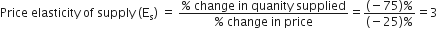 Price space elasticity space of space supply space left parenthesis straight E subscript straight s right parenthesis space equals space fraction numerator percent sign space change space in space quanity space supplied over denominator percent sign space change space in space price end fraction equals fraction numerator left parenthesis negative 75 right parenthesis percent sign over denominator left parenthesis negative 25 right parenthesis percent sign end fraction equals 3