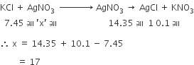 KCl space plus space AgNO subscript 3 space space rightwards arrow with space space space space space space space space space space space space on top space AgNO subscript 3 space rightwards arrow space AgCl space plus space KNO subscript 3
space space 7.45 space ગ ્ ર ા space apostrophe straight x apostrophe space ગ ્ ર ા space space space space space space space space space space space space space space space space space space space space space space space space 14.35 space ગ ્ ર ા space space 1 space 0.1 space ગ ્ ર ા space

therefore space straight x space equals space 14.35 space plus space 10.1 space minus space 7.45 space

space space space space space space space space equals space 17