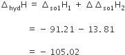 increment subscript hyd straight H space equals space increment subscript so 1 end subscript straight H subscript 1 space plus space increment increment subscript so 1 end subscript straight H subscript 2

space space space space space space space space space space space space space equals space minus space 91.21 space minus space 13. space 81 space

space space space space space space space space space space space space space equals space minus space 105.02