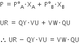 straight P space equals space straight P degree subscript straight A times straight X subscript straight A space plus space straight P degree subscript straight B times straight X subscript straight B

UR space equals space QY times VU space plus space VW times QU

therefore space UR space minus space QY times VU space equals space VW times QU