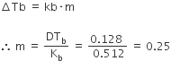 increment Tb space equals space kb times straight m

therefore space straight m space equals space DT subscript straight b over straight K subscript straight b space equals space fraction numerator 0.128 space over denominator space 0.512 end fraction space equals space 0.25