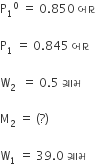 straight P subscript 1 to the power of 0 space equals space 0.850 space બ ા ર

straight P subscript 1 space equals space 0.845 space બ ા ર space

straight W subscript 2 space space equals space 0.5 space ગ ્ ર ા મ

straight M subscript 2 space equals space left parenthesis ? right parenthesis space

straight W subscript 1 space equals space 39.0 space ગ ્ ર ા મ