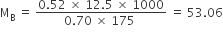 straight M subscript straight B space equals space fraction numerator 0.52 space cross times space 12.5 space cross times space 1000 over denominator 0.70 space cross times space 175 space end fraction space equals space 53.06