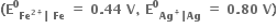 bold left parenthesis bold E to the power of bold 0 subscript bold Fe to the power of bold 2 bold plus end exponent bold vertical line bold space bold Fe bold space end subscript bold equals bold space bold 0 bold. bold 44 bold space bold V bold comma bold space bold E to the power of bold 0 subscript bold Ag to the power of bold plus bold vertical line bold Ag end subscript bold space bold equals bold space bold 0 bold. bold 80 bold space bold V bold right parenthesis
