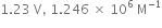 1.23 space straight V comma space 1.246 space cross times space 10 to the power of 6 space straight M to the power of negative 1 end exponent