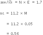 àª— à« àª° àª¾ àª® divided by àª² àª¿ space space equals space straight N space cross times space straight E space space equals space 1.7 space

àª•àª¦ space equals space 11.2 space cross times space straight M space

space space space space space space equals space 11.2 space cross times space 0.05 space

space space space space space space equals space 0.56 space