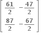 open square brackets table row cell bold 61 over bold 2 end cell cell bold minus bold 47 over bold 2 end cell row cell bold 87 over bold 2 end cell cell bold minus bold 67 over bold 2 end cell end table close square brackets bold space