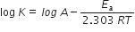 log space K equals space l o g space A minus fraction numerator E subscript a over denominator 2.303 space R T end fraction