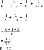 1 over straight R equals fraction numerator 1 over denominator 3 plus 2 end fraction plus 1 over 30 plus fraction numerator 1 over denominator 6 plus 4 end fraction

equals 1 fifth plus 1 over 30 plus 1 over 10

equals fraction numerator 6 plus 1 plus 3 over denominator 30 end fraction
equals 10 over 30
straight R equals 3 straight capital omega