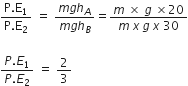fraction numerator straight P. straight E subscript 1 over denominator straight P. straight E subscript 2 end fraction space equals space fraction numerator m g h subscript A over denominator m g h subscript B end fraction equals fraction numerator m space cross times space g space cross times 20 over denominator m space x space g space x space 30 end fraction

fraction numerator P. E subscript 1 over denominator P. E subscript 2 end fraction space equals space 2 over 3