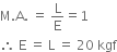 straight M. straight A. space equals space straight L over straight E equals 1
therefore space straight E space equals space straight L space equals space 20 space kgf