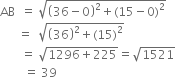 
AB space space equals space square root of open parentheses 36 minus 0 close parentheses squared plus left parenthesis 15 minus 0 right parenthesis squared end root
space space space space space space equals space space square root of open parentheses 36 close parentheses squared plus left parenthesis 15 right parenthesis squared end root
space space space space space space space equals space square root of 1296 plus 225 end root equals square root of 1521
space space space space space space space space equals space 39