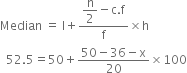 Median space equals space straight l plus fraction numerator begin display style straight n over 2 end style minus straight c. straight f over denominator straight f end fraction cross times straight h
space space 52.5 equals 50 plus fraction numerator 50 minus 36 minus straight x over denominator 20 end fraction cross times 100
