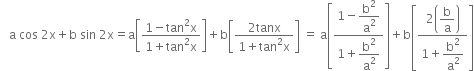 space space space straight a space cos space 2 straight x plus straight b space sin space 2 straight x equals straight a open square brackets fraction numerator 1 minus tan squared straight x over denominator 1 plus tan squared straight x end fraction close square brackets plus straight b open square brackets fraction numerator 2 tanx over denominator 1 plus tan squared straight x end fraction close square brackets space equals space straight a open square brackets fraction numerator 1 minus begin display style straight b squared over straight a squared end style over denominator 1 plus begin display style straight b squared over straight a squared end style end fraction close square brackets plus straight b open square brackets fraction numerator 2 open parentheses begin display style straight b over straight a end style close parentheses over denominator 1 plus begin display style straight b squared over straight a squared end style end fraction close square brackets