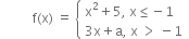 space space space space space space space space space space straight f left parenthesis straight x right parenthesis space equals space open curly brackets table attributes columnalign left end attributes row cell straight x squared plus 5 comma space straight x less or equal than negative 1 end cell row cell 3 straight x plus straight a comma space straight x space greater than space minus 1 end cell end table close