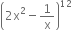 open parentheses 2 straight x squared minus 1 over straight x close parentheses to the power of 12