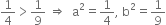 1 fourth greater than 1 over 9 space rightwards double arrow space space straight a squared equals 1 fourth comma space straight b squared equals 1 over 9