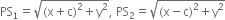 PS subscript 1 equals square root of left parenthesis straight x plus straight c right parenthesis squared plus straight y squared end root comma space PS subscript 2 equals square root of left parenthesis straight x minus straight c right parenthesis squared plus straight y squared end root