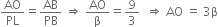 AO over PL equals AB over PB space rightwards double arrow space AO over straight beta equals 9 over 3 space space rightwards double arrow space AO space equals space 3 straight beta