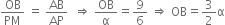 OB over PM space equals space AB over AP space space rightwards double arrow space OB over straight alpha equals 9 over 6 space rightwards double arrow space OB equals 3 over 2 straight alpha