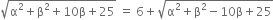square root of straight alpha squared plus straight beta squared plus 10 straight beta plus 25 end root space equals space 6 plus square root of straight alpha squared plus straight beta squared minus 10 straight beta plus 25 end root