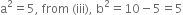 straight a squared equals 5 comma space from space left parenthesis iii right parenthesis comma space straight b squared equals 10 minus 5 equals 5