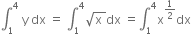 integral subscript 1 superscript 4 space straight y space dx space equals space integral subscript 1 superscript 4 square root of straight x space end root dx space equals integral subscript 1 superscript 4 straight x to the power of 1 half end exponent dx