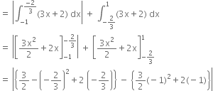 equals space open vertical bar integral subscript negative 1 end subscript superscript fraction numerator negative 2 over denominator 3 end fraction end superscript left parenthesis 3 straight x plus 2 right parenthesis space dx close vertical bar space plus space integral subscript negative 2 over 3 end subscript superscript 1 left parenthesis 3 straight x plus 2 right parenthesis space dx
equals space open vertical bar open square brackets fraction numerator 3 straight x squared over denominator 2 end fraction plus 2 straight x close square brackets subscript negative 1 end subscript superscript negative 2 over 3 end superscript close vertical bar space plus space open square brackets fraction numerator 3 straight x squared over denominator 2 end fraction plus 2 straight x close square brackets subscript negative 2 over 3 end subscript superscript 1
equals space open vertical bar open curly brackets 3 over 2 minus open parentheses negative 2 over 3 close parentheses squared plus 2 space open parentheses negative 2 over 3 close parentheses close curly brackets space minus space open curly brackets 3 over 2 left parenthesis negative 1 right parenthesis squared plus 2 left parenthesis negative 1 right parenthesis close curly brackets close vertical bar
space space space space space space space space space space space space space space space space space