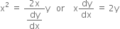 straight x squared space equals space fraction numerator 2 straight x over denominator begin display style dy over dx end style end fraction straight y space space space or space space space space straight x dy over dx space equals space 2 straight y