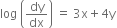 log space open parentheses dy over dx close parentheses space equals space 3 straight x plus 4 straight y