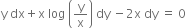 straight y space dx plus straight x space log space open parentheses straight y over straight x close parentheses space dy space minus 2 straight x space dy space equals space 0