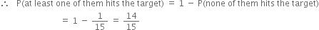 therefore space space space straight P left parenthesis at space least space one space of space them space hits space the space target right parenthesis space equals space 1 space minus space straight P left parenthesis none space of space them space hits space the space target right parenthesis
space space space space space space space space space space space space space space space space space space space space space space space space space space space space equals space 1 space minus space 1 over 15 space equals space 14 over 15