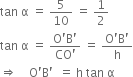 tan space straight alpha space equals space 5 over 10 space equals space 1 half
tan space straight alpha space equals space fraction numerator straight O apostrophe straight B apostrophe over denominator CO apostrophe end fraction space equals space fraction numerator straight O apostrophe straight B apostrophe over denominator straight h end fraction
rightwards double arrow space space space space straight O apostrophe straight B apostrophe space space equals space straight h space tan space straight alpha