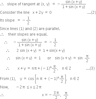 Find The Equation Of Tangents To The Curvey Cos X Y 2 X 2 That Are Parallel To The Line X 2y 0 From Mathematics Application Of Derivatives Class 12 Cbse