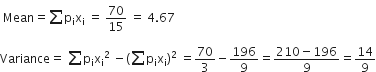 space Mean equals sum from blank to blank of straight p subscript straight i straight x subscript straight i space equals space 70 over 15 space equals space 4.67
Variance equals space sum from blank to blank of straight p subscript straight i straight x subscript straight i squared space minus left parenthesis sum from blank to blank of straight p subscript straight i straight x subscript straight i right parenthesis squared space equals 70 over 3 minus 196 over 9 equals fraction numerator 210 minus 196 over denominator 9 end fraction equals 14 over 9