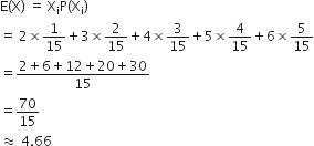 straight E left parenthesis straight X right parenthesis space equals space straight X subscript straight i straight P left parenthesis straight X subscript straight i right parenthesis
equals space 2 cross times 1 over 15 plus 3 cross times 2 over 15 plus 4 cross times 3 over 15 plus 5 cross times 4 over 15 plus 6 cross times 5 over 15
equals fraction numerator 2 plus 6 plus 12 plus 20 plus 30 over denominator 15 end fraction
equals 70 over 15
almost equal to space 4.66