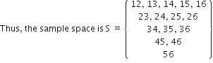 Thus comma space the space sample space space space is space straight S space equals space open curly brackets table row cell 12 comma space 13 comma space 14 comma space 15 comma space 16 end cell row cell 23 comma space 24 comma space 25 comma space 26 end cell row cell 34 comma space 35 comma space 36 end cell row cell 45 comma space 46 end cell row 56 end table close curly brackets