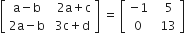 open square brackets table row cell straight a minus straight b end cell cell space space 2 straight a plus straight c end cell row cell 2 straight a minus straight b end cell cell space 3 straight c plus straight d end cell end table close square brackets space equals space open square brackets table row cell negative 1 end cell cell space space space 5 end cell row 0 cell space space 13 end cell end table close square brackets