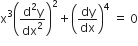 straight x cubed open parentheses fraction numerator straight d squared straight y over denominator dx squared end fraction close parentheses squared plus open parentheses dy over dx close parentheses to the power of 4 space equals space 0