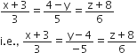 fraction numerator straight x plus 3 over denominator 3 end fraction equals fraction numerator 4 minus straight y over denominator 5 end fraction equals fraction numerator straight z plus 8 over denominator 6 end fraction
straight i. straight e. comma space fraction numerator straight x plus 3 over denominator 3 end fraction equals fraction numerator straight y minus 4 over denominator negative 5 end fraction equals fraction numerator straight z plus 8 over denominator 6 end fraction