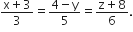 fraction numerator straight x plus 3 over denominator 3 end fraction equals fraction numerator 4 minus straight y over denominator 5 end fraction equals fraction numerator straight z plus 8 over denominator 6 end fraction.