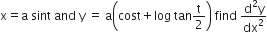 straight x equals straight a space sint space and space straight y space equals space straight a open parentheses cost plus log space tan straight t over 2 close parentheses space find space fraction numerator straight d squared straight y over denominator dx squared end fraction