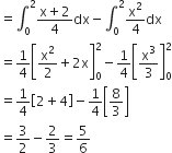 equals integral subscript 0 superscript 2 fraction numerator straight x plus 2 over denominator 4 end fraction dx minus integral subscript 0 superscript 2 straight x squared over 4 dx
equals 1 fourth open square brackets straight x squared over 2 plus 2 straight x close square brackets subscript 0 superscript 2 minus 1 fourth open square brackets straight x cubed over 3 close square brackets subscript 0 superscript 2
equals 1 fourth open square brackets 2 plus 4 close square brackets minus 1 fourth open square brackets 8 over 3 close square brackets
equals 3 over 2 minus 2 over 3 equals 5 over 6