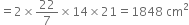 equals 2 cross times 22 over 7 cross times 14 cross times 21 equals 1848 space cm squared