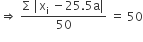 rightwards double arrow space fraction numerator straight capital sigma space vertical line straight x subscript straight i space minus 25.5 straight a vertical line over denominator 50 end fraction space equals space 50