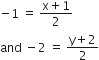 negative 1 space equals space fraction numerator straight x plus 1 over denominator 2 end fraction
and space minus 2 space equals space fraction numerator straight y plus 2 over denominator 2 end fraction